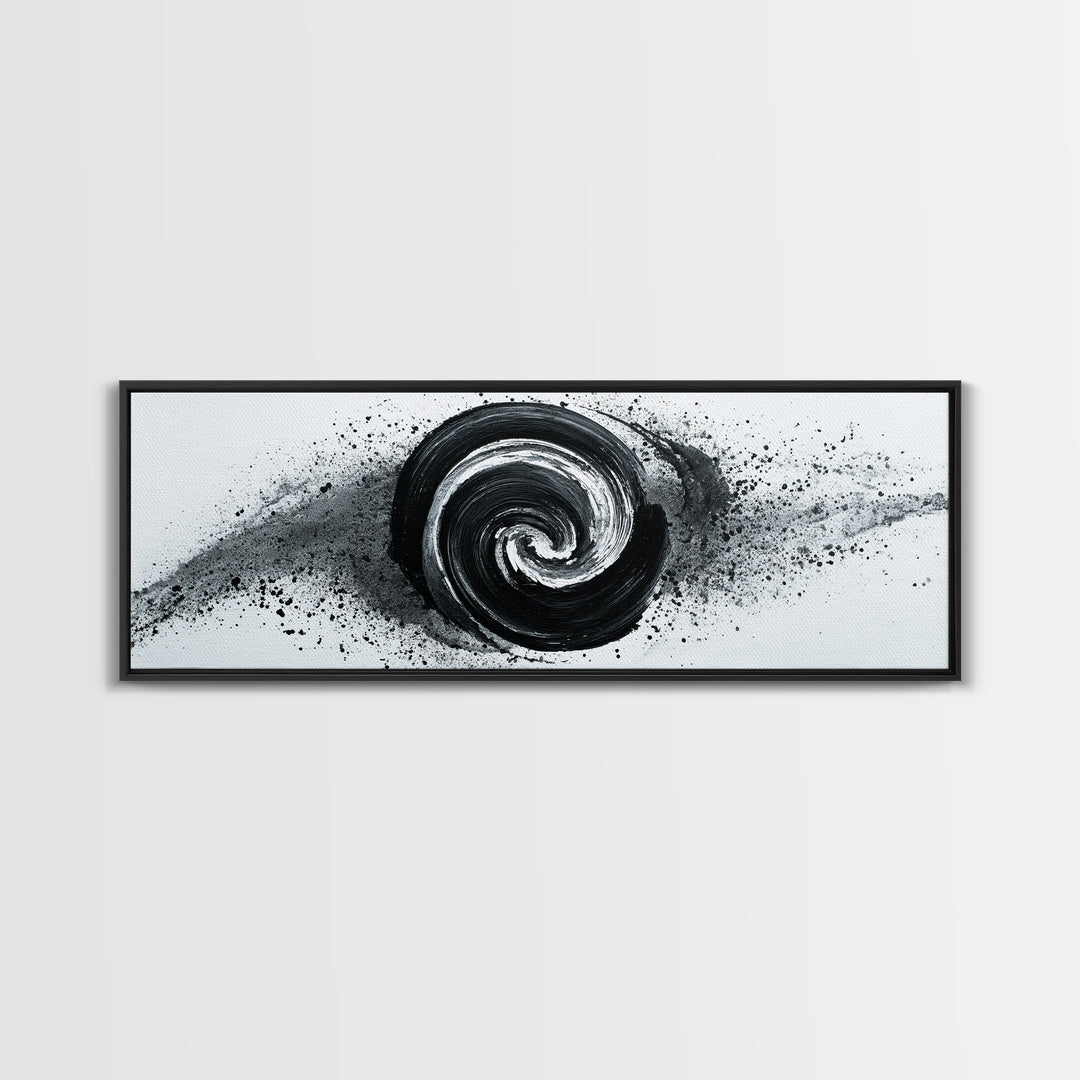 Black And White Spiral Wall Art, Abstract Ink Brush Circle Canvas Print, Monochrome Modern Office Decor, Minimalist Art Print