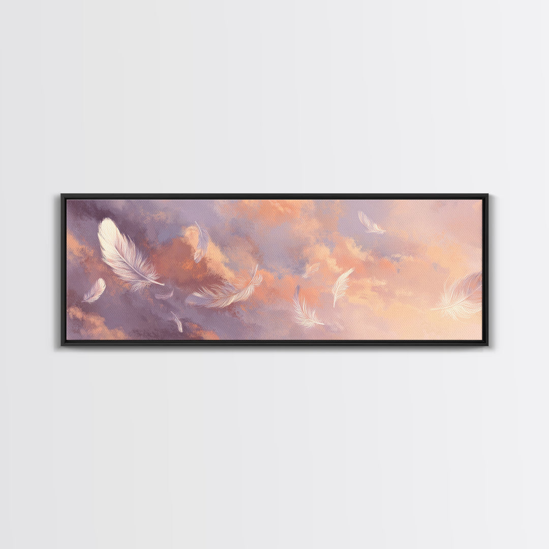 Floating White Feathers Canvas Print, Pastel Sky Wall Art, Dreamy Cloud Decor, Calming Bedroom Or Nursery Artwork Gift For Her