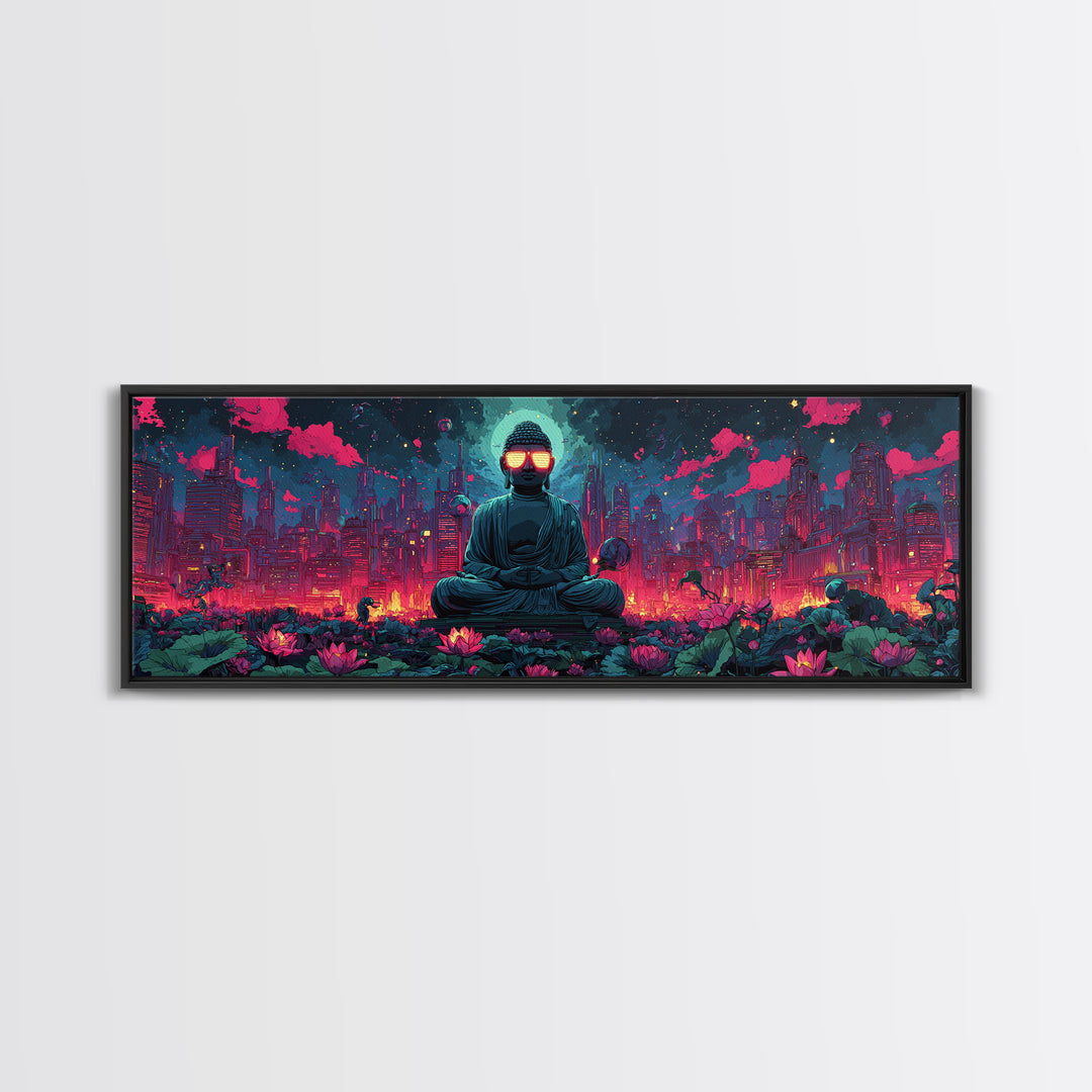 Neon Cyberpunk Buddha City Canvas Print, Futuristic Wall Art, Meditation Decor, Lotus Garden, Gaming Room Poster, Sci Fi Home Decor