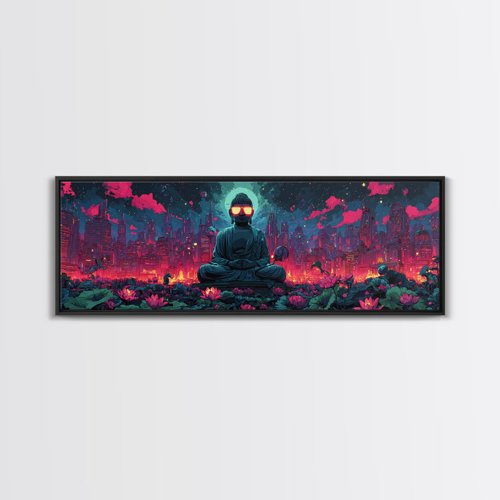 Neon Cyberpunk Buddha City Canvas Print, Futuristic Wall Art, Meditation Decor, Lotus Garden, Gaming Room Poster, Sci Fi Home Decor