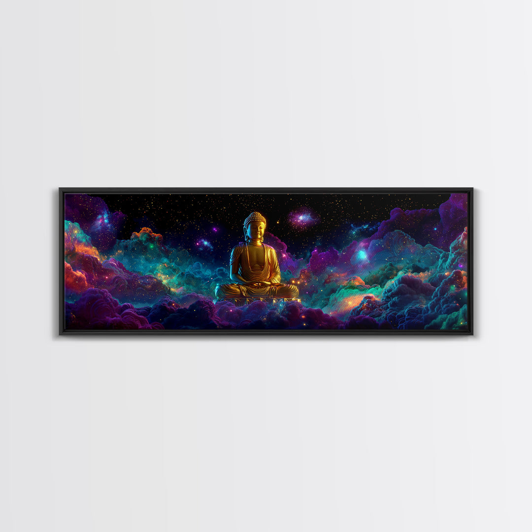 Golden Buddha In Cosmic Nebula Clouds Wall Art, Meditation Room Decor, Spiritual Canvas, Yoga Studio, Celestial Print Gift