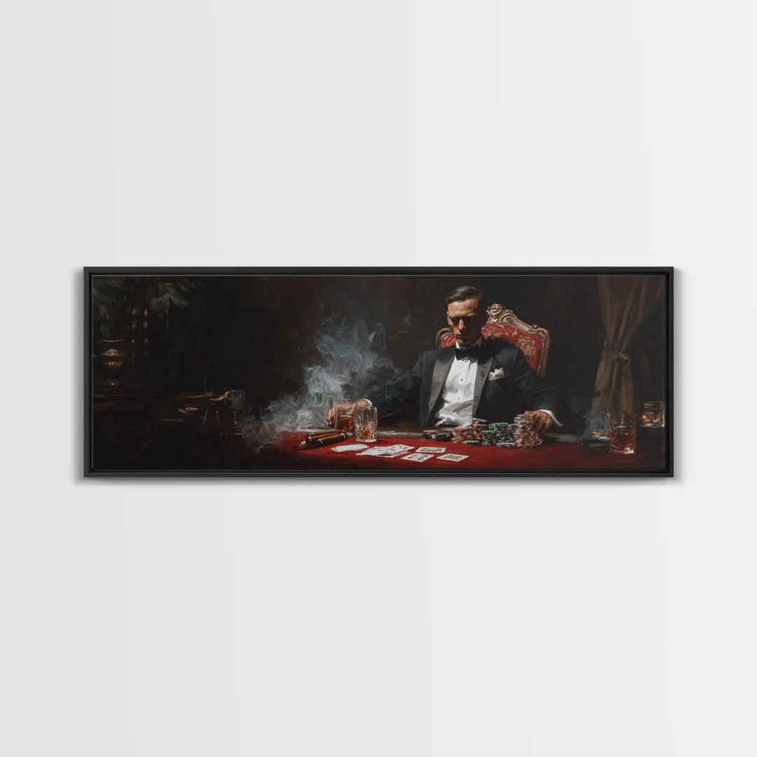 Moody Tuxedo Poker Player Framed Canvas Print, Casino Wall Art, Speakeasy Decor, Man Cave, Dark Academia Gift For Him Wall Decor