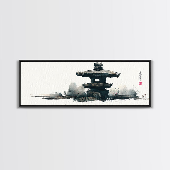 Minimal Japanese Pagoda Ink Wash Wall Art, Zen Framed Canvas Print For Japandi Decor, Asian Wall Decor And Meditation Room