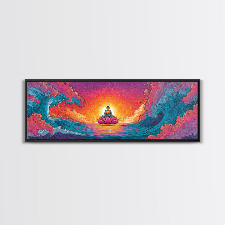 Pixel Buddha On Lotus Waves Wall Art, Celestial Meditation Canvas Print, Zen Yoga Room Decor, Vibrant Spiritual Gift For Home Decor