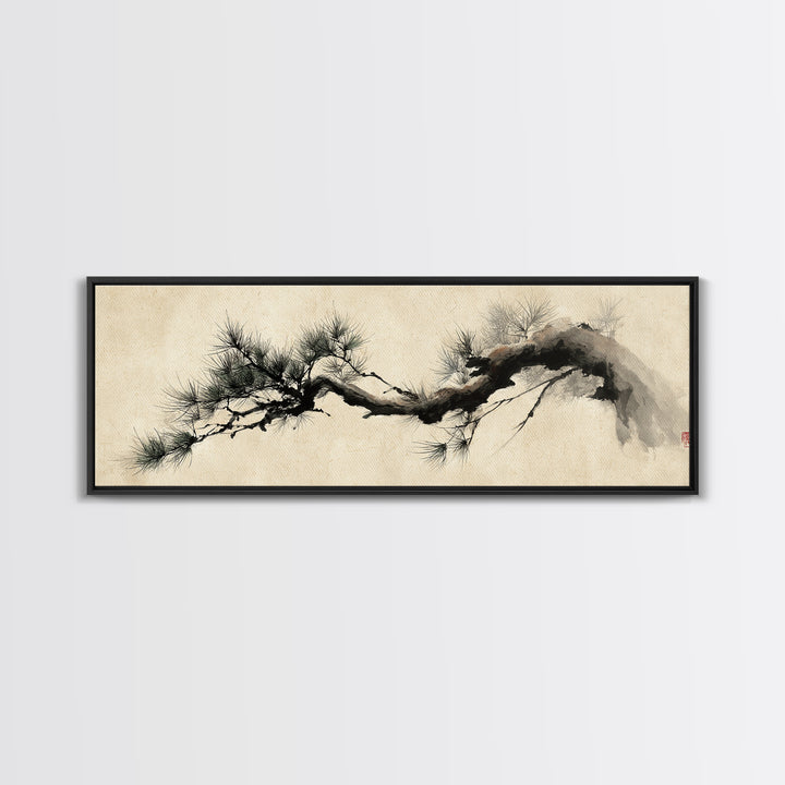 Japanese Ink Pine Branch Wall Art, Minimalist Zen Canvas Print, Asian Botanical Decor, Wabi Sabi Living Room Art, Home Decor