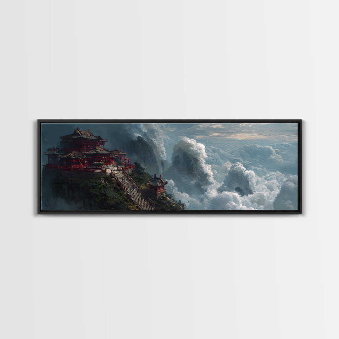 Cloud Temple Mountain Wall Art, Asian Pagoda Fantasy Landscape, Zen Home Decor Framed Canvas Print, Large Living Room Art