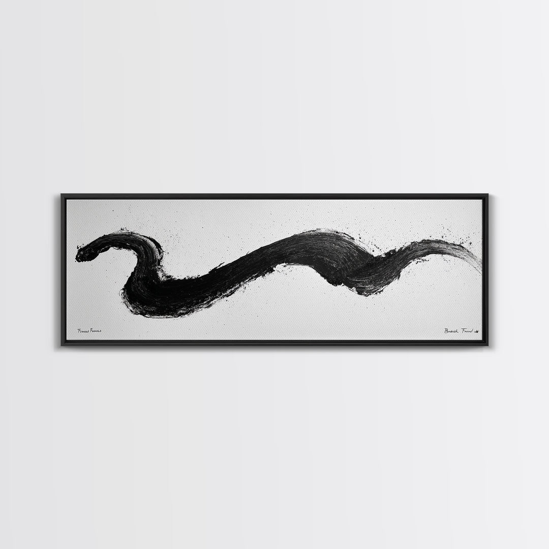 Black Brushstroke Abstract Wall Art, Minimalist Ink Canvas Print, Black And White Modern Office Decor, Horizontal Wall Art