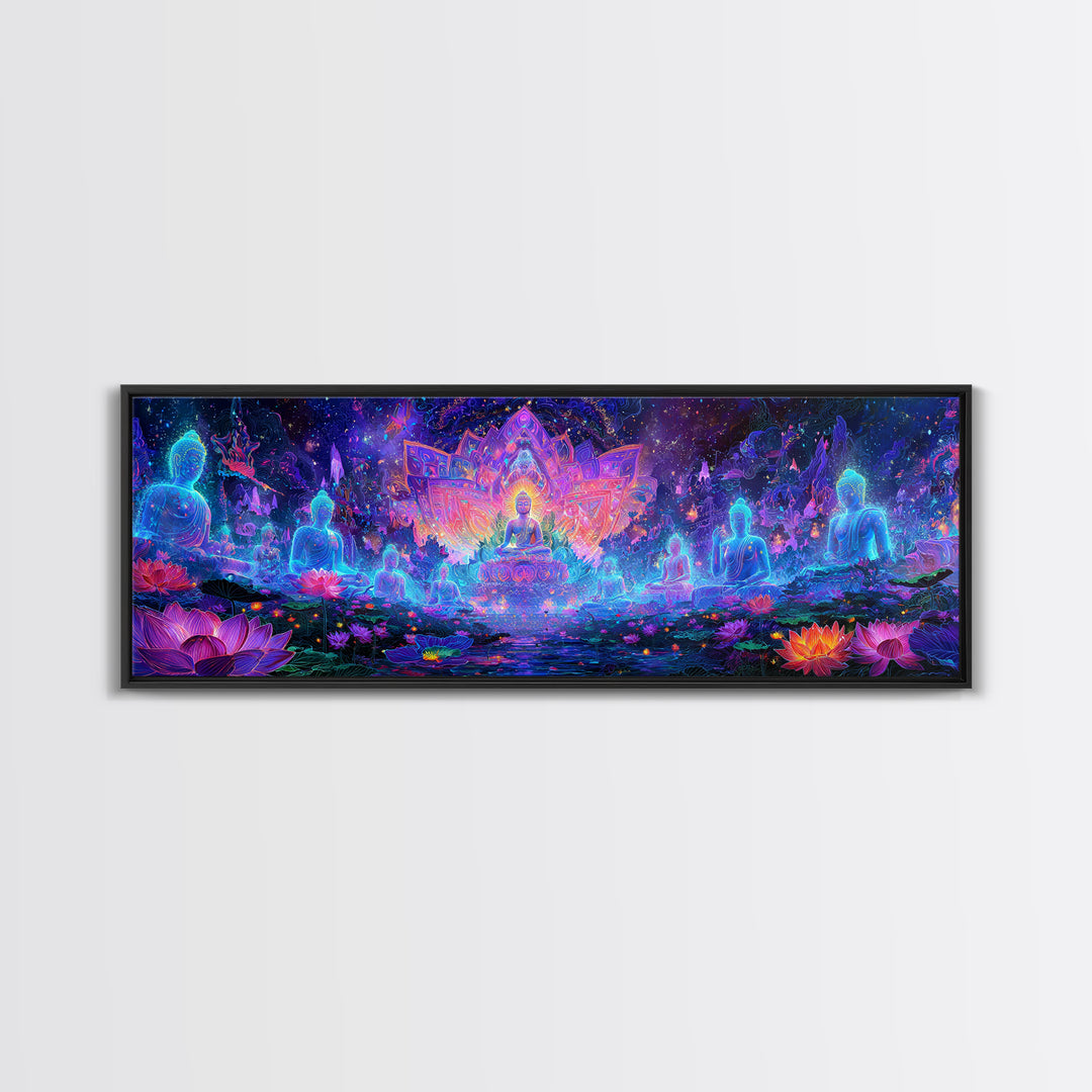 Glowing Lotus Buddha Meditation Wall Art, Psychedelic Spiritual Canvas Print, Yoga Studio Decor, Celestial Mindfulness Gift