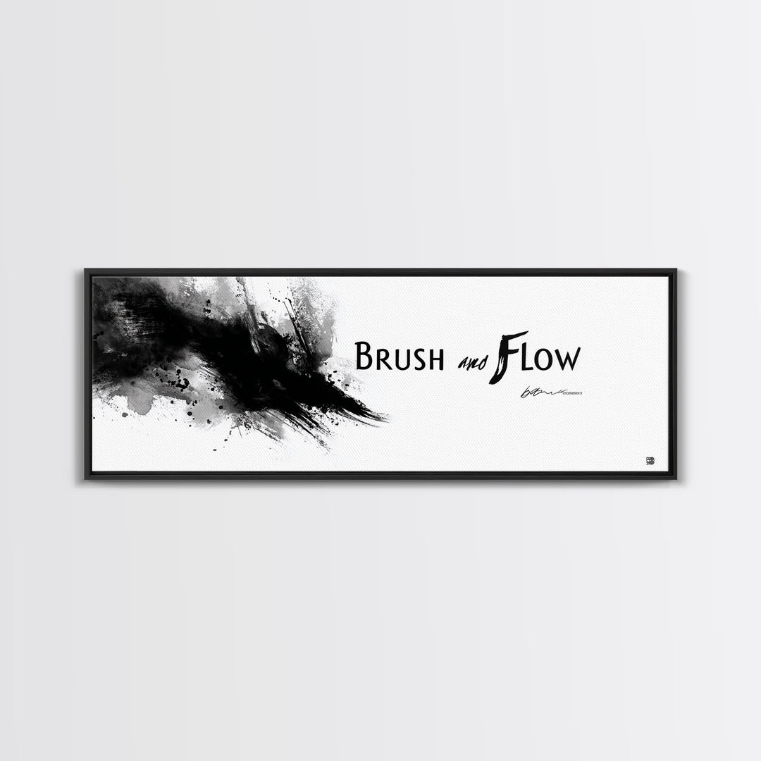 Brush And Flow Black Ink Canvas Print, Abstract Calligraphy Wall Art, Minimalist Black And White Office Wall Decor Print