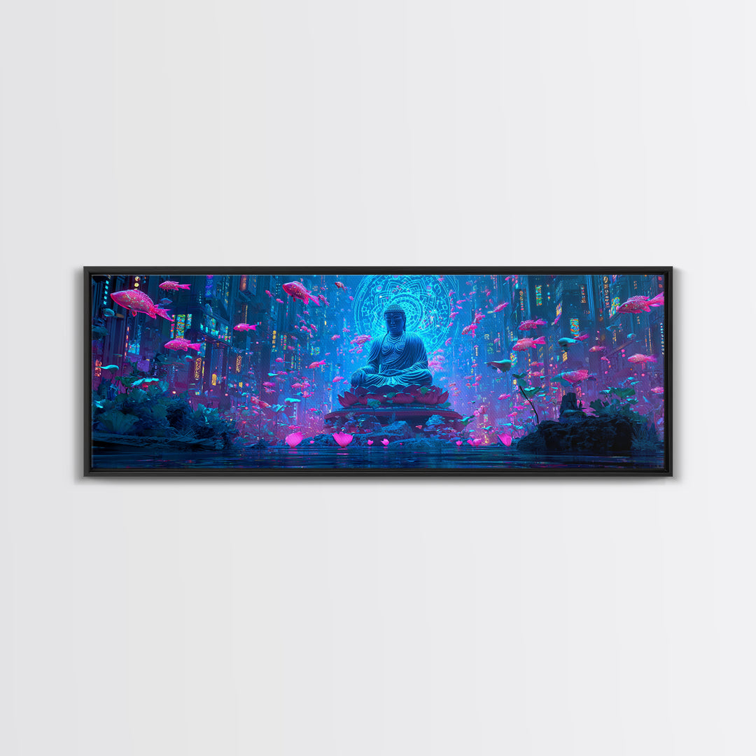Neon Buddha Fish Temple Canvas Print, Zen Cyberpunk Wall Art, Meditation Room Decor, Futuristic Spiritual Wall Art Print