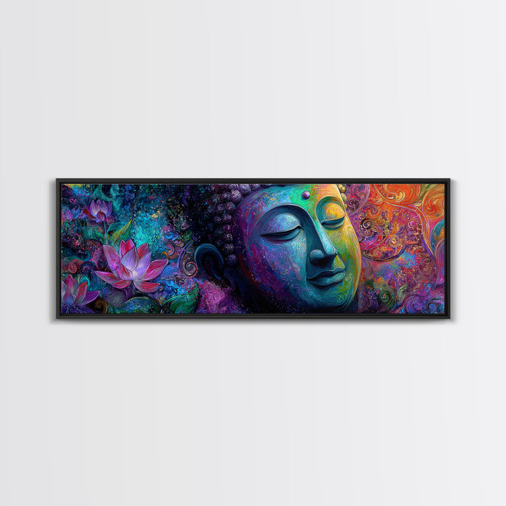 Vibrant Buddha With Lotus Framed Canvas Print, Psychedelic Spiritual Wall Art, Meditation Decor, Colorful Yoga Room Art Print