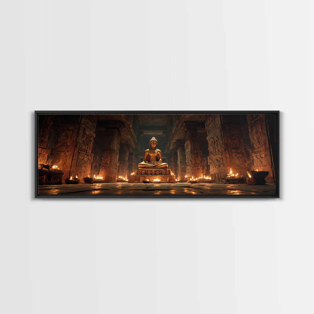 Golden Buddha In Candlelit Temple Framed Canvas Print, Spiritual Meditation Wall Art, Zen Spa Decor For Prayer Room And Yoga Room