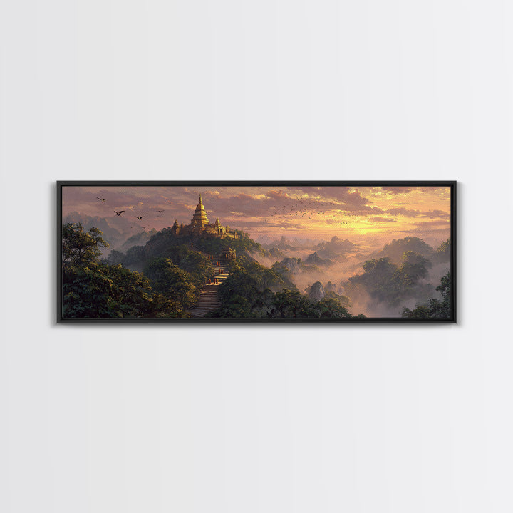 Golden Mountain Pagoda Temple Wall Art, Asian Jungle Sunrise Canvas, Spiritual Landscape Print, Meditation Room Decor, Zen Home Decor