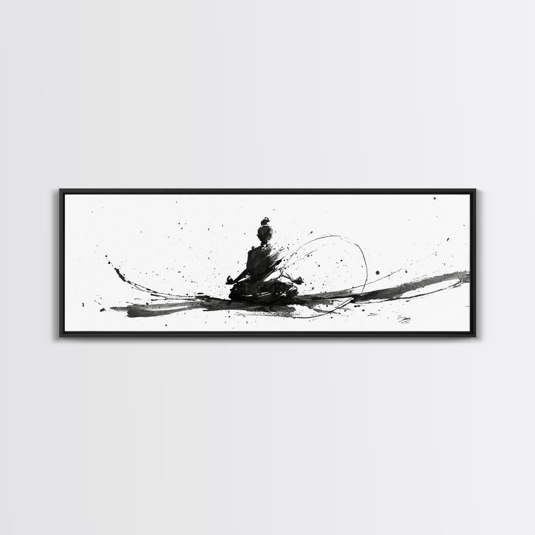 Minimalist Ink Meditation Figure Wall Art, Black And White Zen Canvas Print, Mindfulness Decor For Yoga Studio And Office