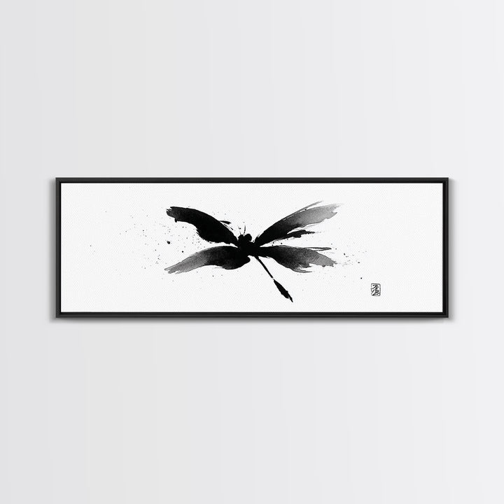 Black Ink Dragonfly Wall Art, Minimalist Japanese Brush Painting, Zen Decor, Black And White Art, Horizontal Canvas Print