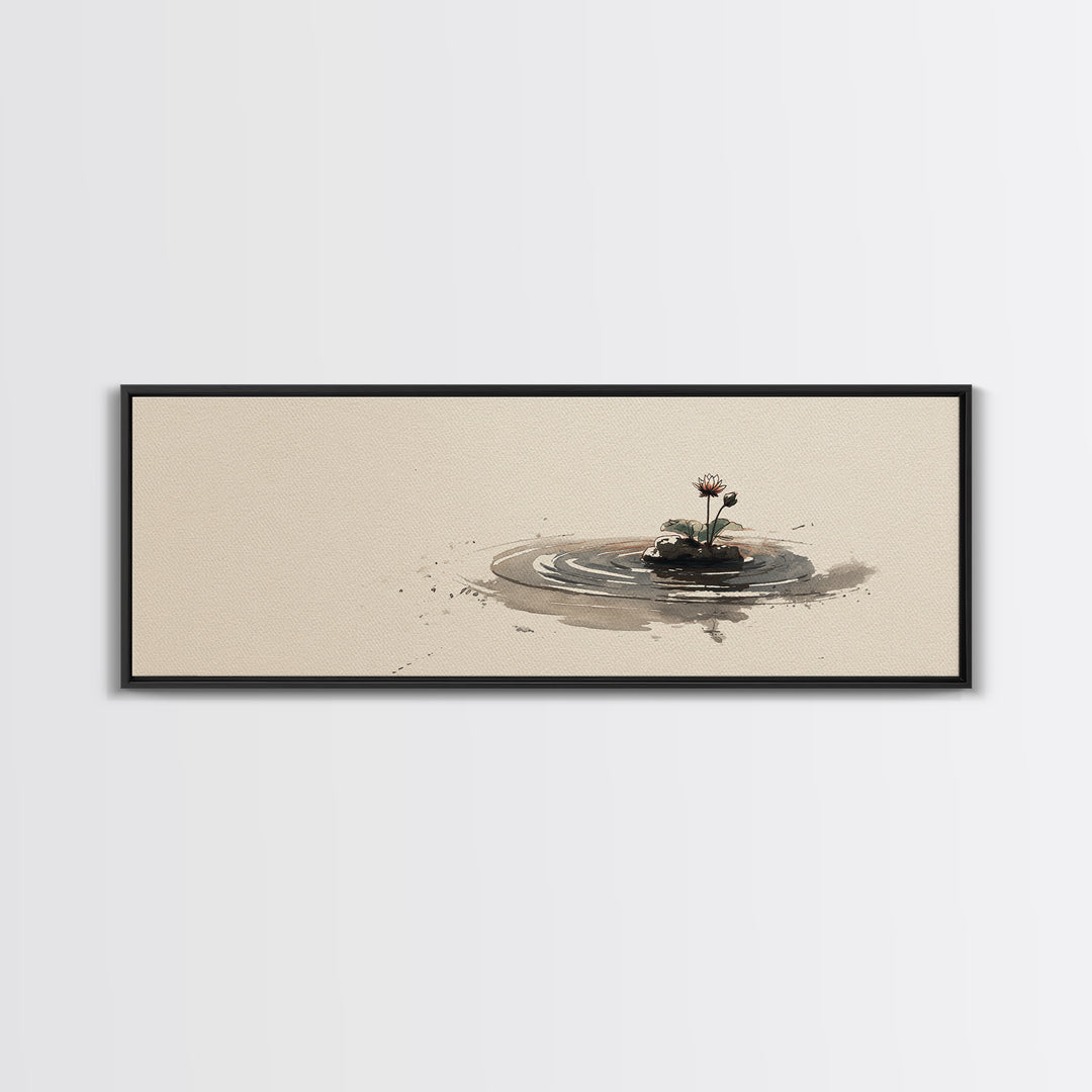 Minimal Zen Water Ripple With Tiny Flower Canvas Print, Wabi Sabi Wall Art, Japandi Decor, Neutral Minimalist Home Decor