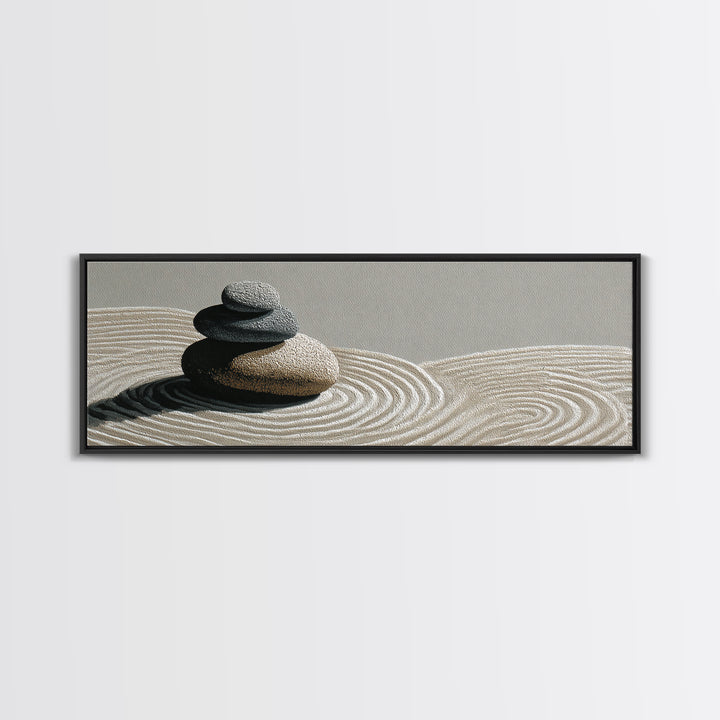 Raked Sand Zen Stones Wall Art, Minimalist Canvas Print, Japandi Spa Decor, Neutral Wabi Sabi Calming Meditation Room Decor
