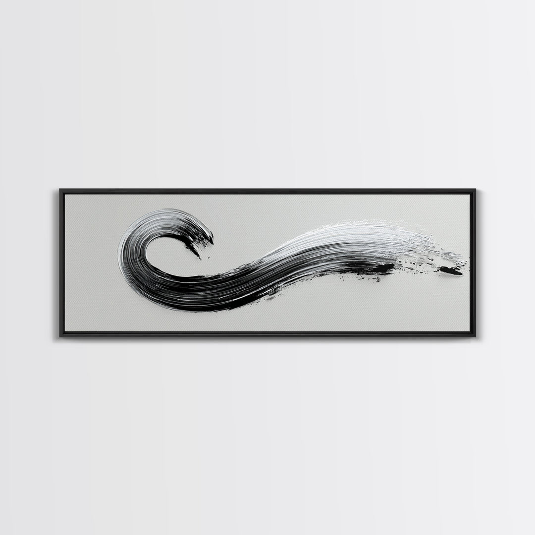 Black Ink Wave Canvas Print, Minimalist Wall Art, Japanese Sumi Painting, Abstract Line Art, Neutral Decor, Zen Office Poster