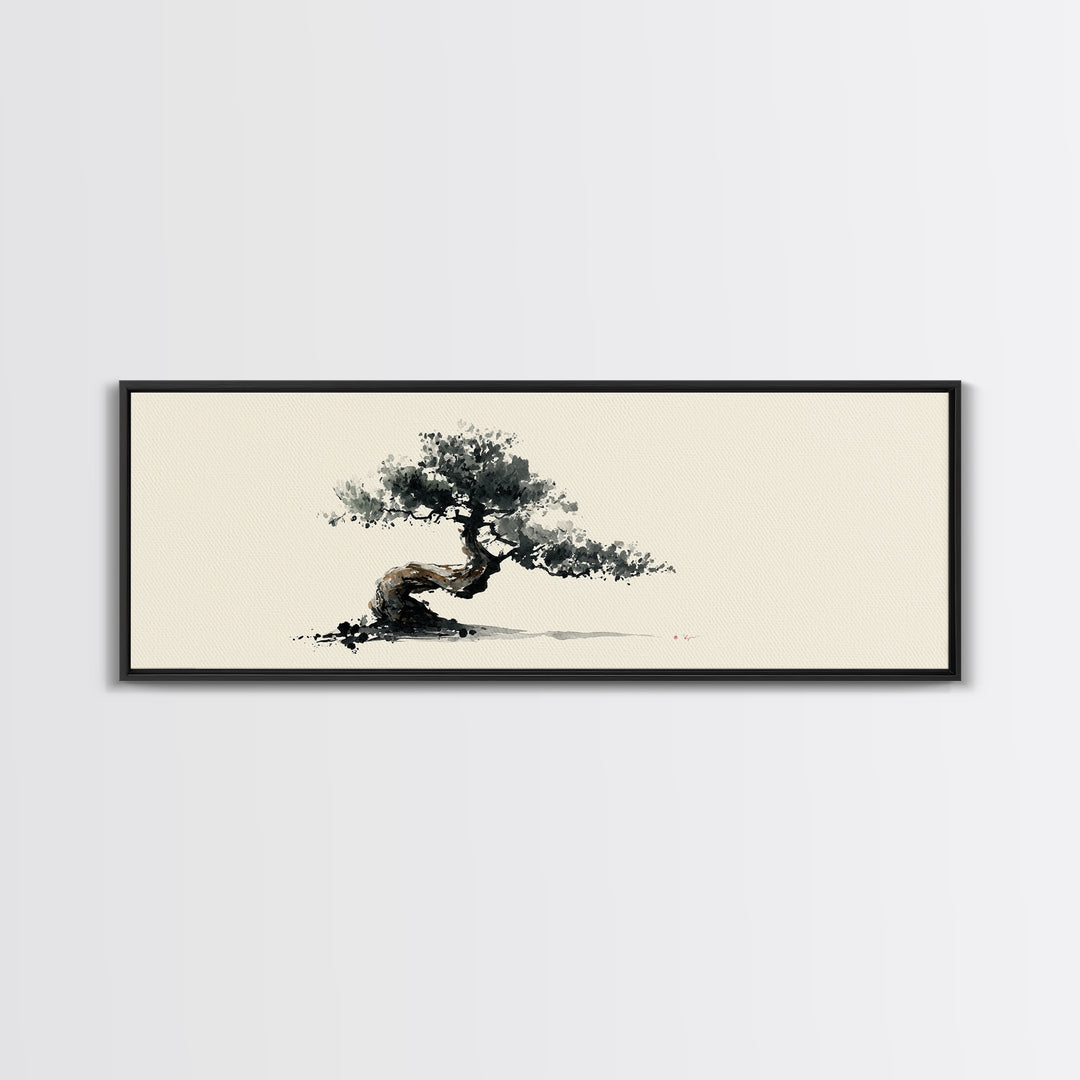 Minimalist Bonsai Tree Wall Art, Japanese Ink Painting Print, Zen Home Decor, Japandi Office Art, Calming Nature Canvas Print