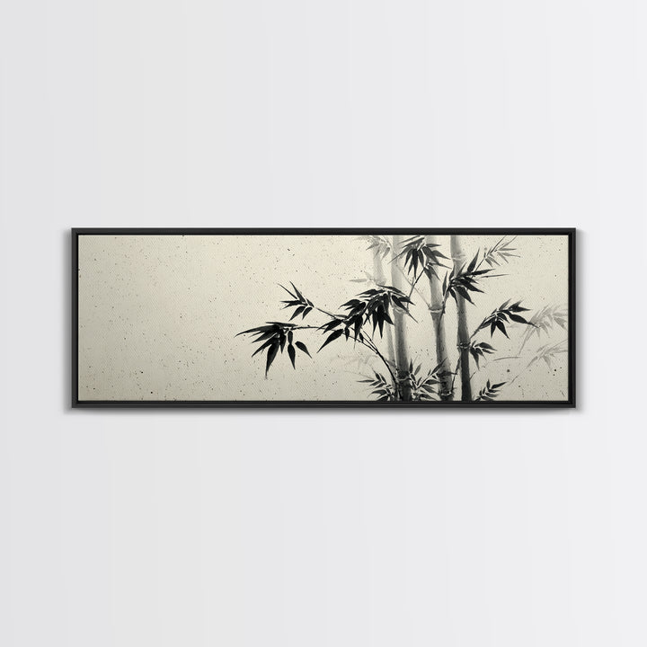 Minimalist Black Ink Bamboo Wall Art, Japanese Sumi Brush Canvas Print, Zen Botanical Decor For Calm Living Room Wall Decor