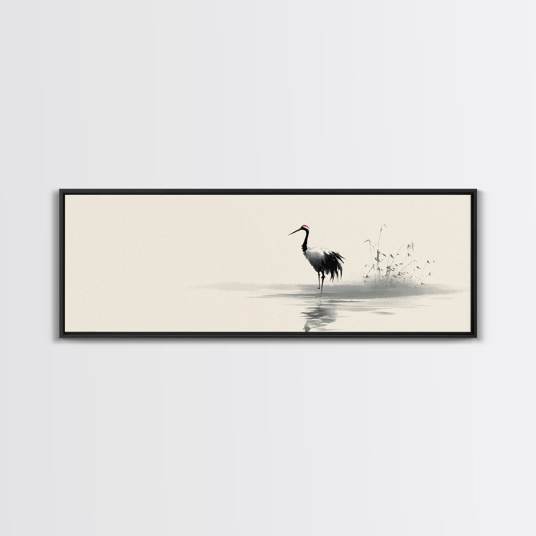 Minimalist Crane By Water Framed Canvas Print, Japanese Wall Art, Zen Bird Illustration, Neutral Living Room Decor, Fine Art Print