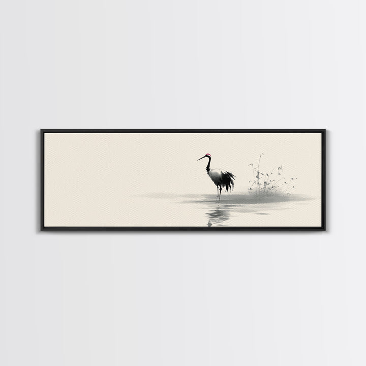 Minimalist Crane By Water Framed Canvas Print, Japanese Wall Art, Zen Bird Illustration, Neutral Living Room Decor, Fine Art Print