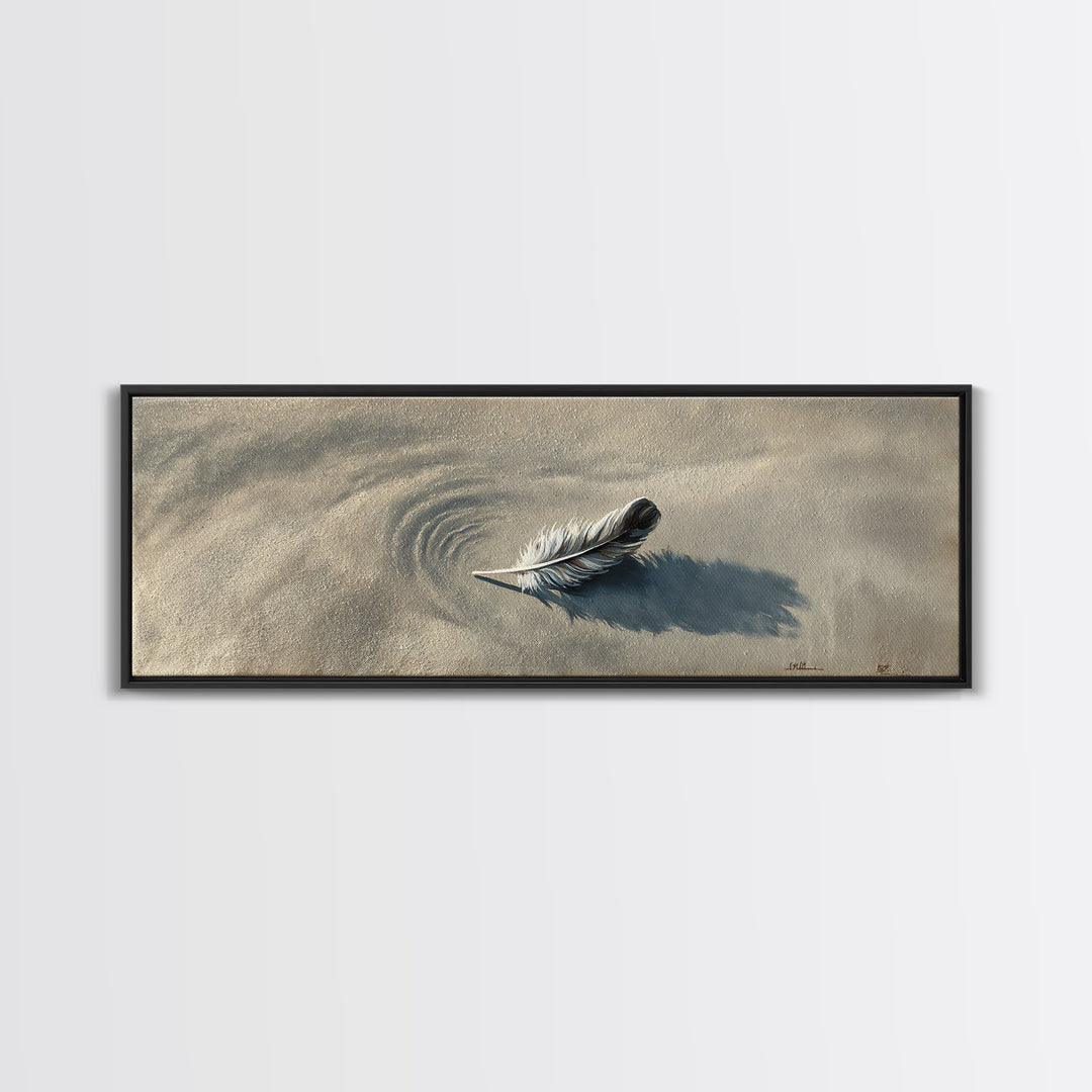 Feather On Sand Wall Art, Minimalist Coastal Nature Print, Neutral Beach Decor, Calming Wabi Sabi Wall Decor, Framed Canvas Print