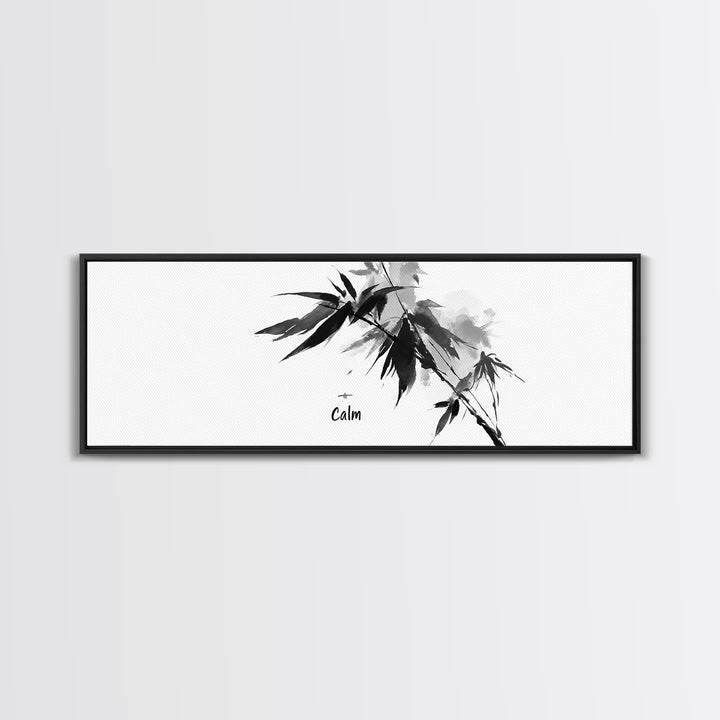 Black Ink Bamboo Calm Wall Art, Minimalist Japanese Zen Brush Painting, Black And White Decor, Peaceful Meditation Canvas Print