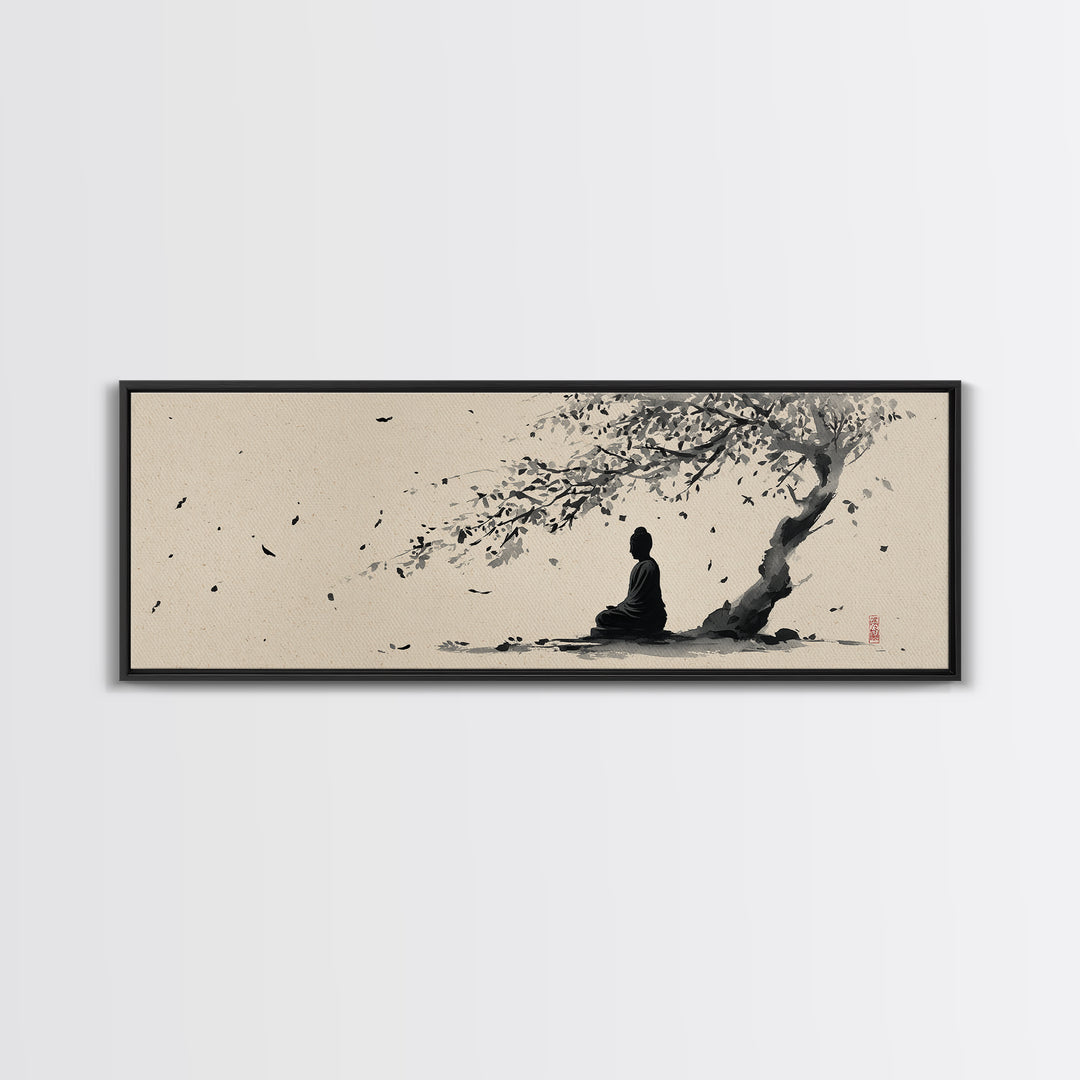 Zen Figure Under Windblown Tree Wall Art, Japanese Ink Landscape, Minimalist Zen Decor, Calming Meditation Room Art Print