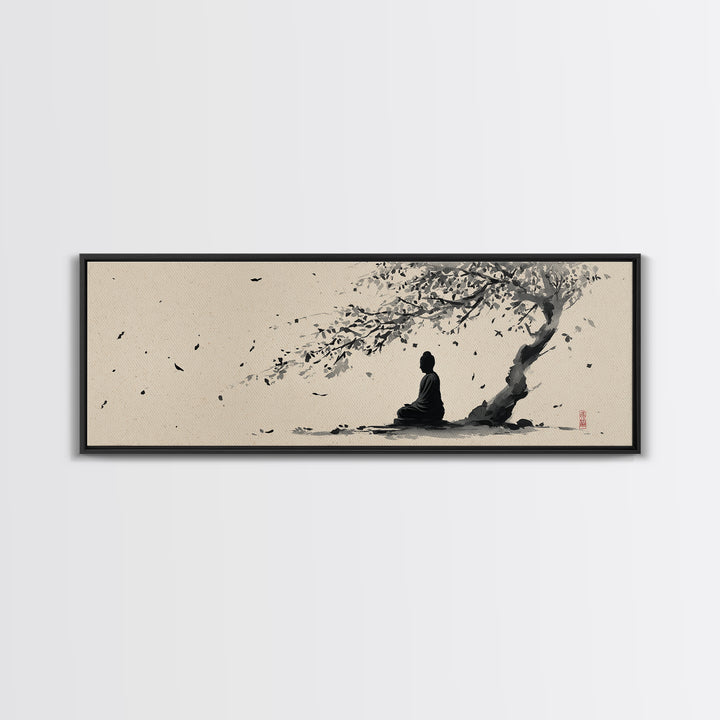 Zen Figure Under Windblown Tree Wall Art, Japanese Ink Landscape, Minimalist Zen Decor, Calming Meditation Room Art Print