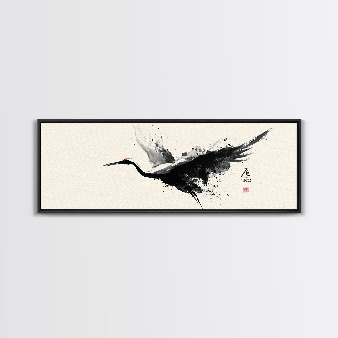 Black Ink Crane Wall Art, Japanese Brush Canvas Print, Minimalist Bird Art, Black And White Art, Zen Wall Decor, Asian Inspired Art