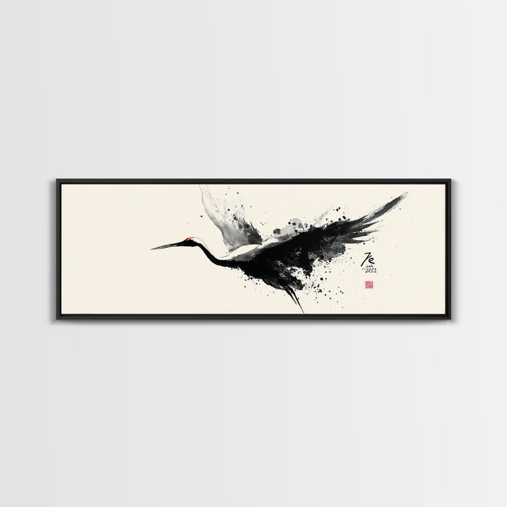 Black Ink Crane Wall Art, Japanese Brush Canvas Print, Minimalist Bird Art, Black And White Art, Zen Wall Decor, Asian Inspired Art