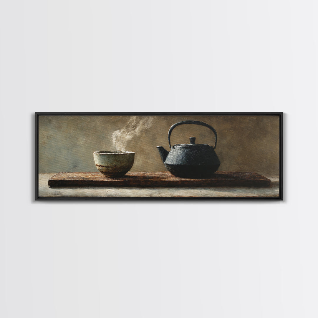 Wabi Sabi Tea Bowl And Cast Iron Teapot Wall Art, Zen Kitchen Still Life, Japanese Minimalist Decor, Framed Canvas Print