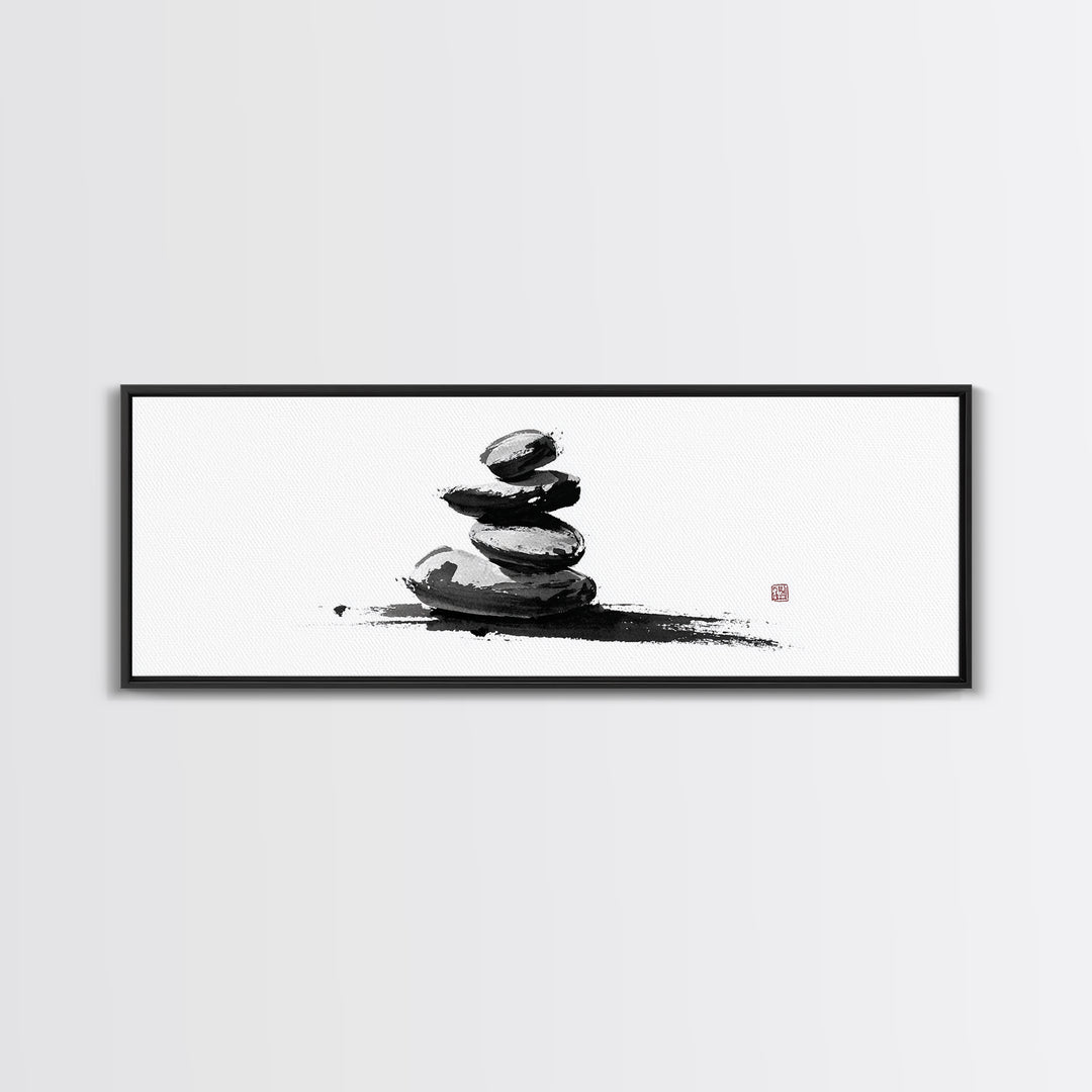 Stacked Zen Stones Canvas Print, Minimalist Wall Art, Sumi Ink Painting, Spa Decor, Meditation Room, Neutral Home Decor Art