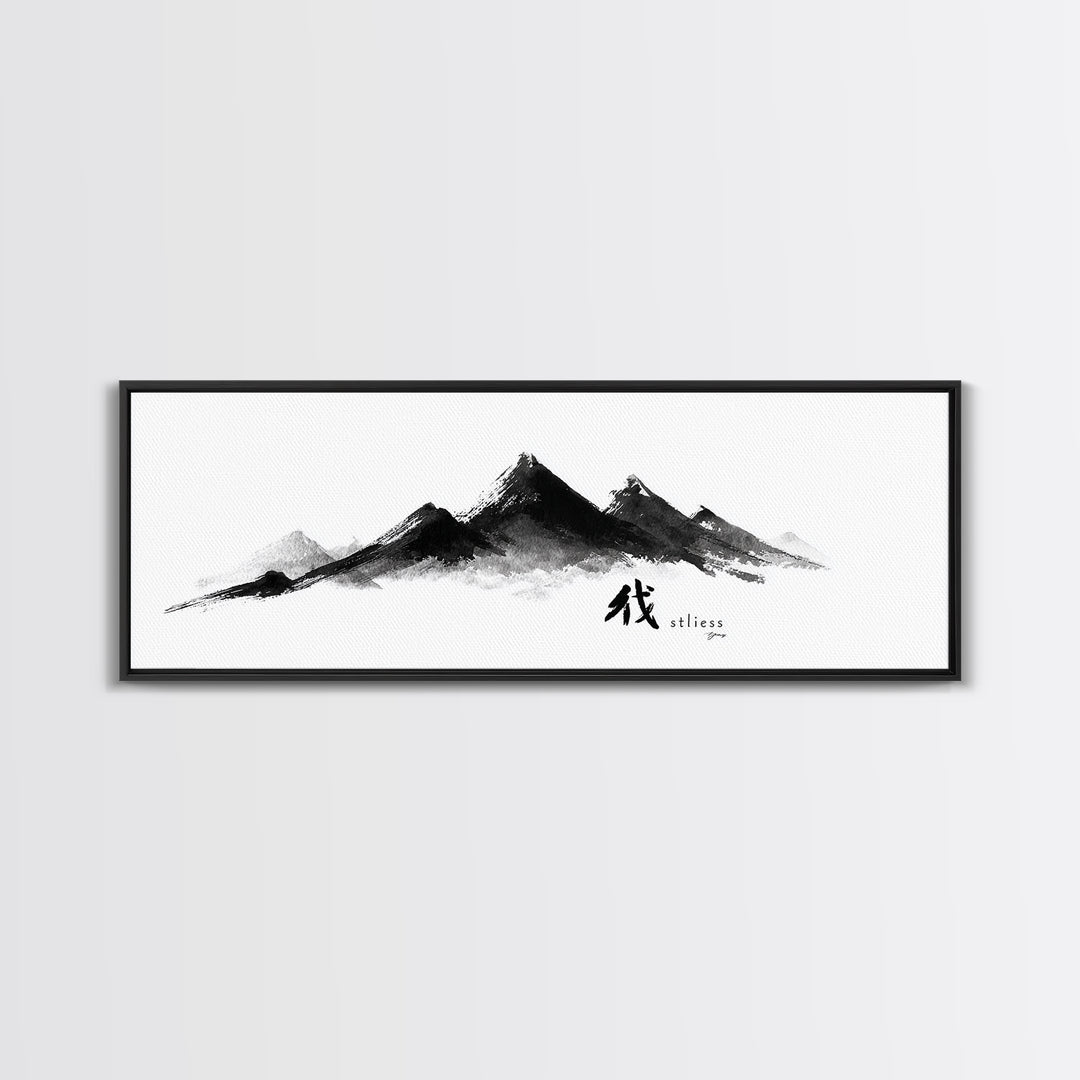 Japanese Ink Mountain Range With Calligraphy Wall Art, Minimalist Canvas Print, Zen Decor, Black And White Office Art, Japandi Decor