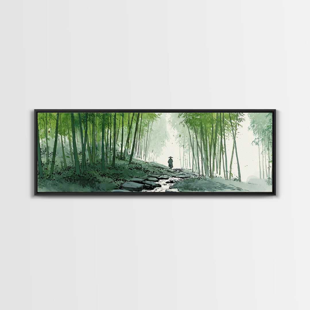 Bamboo Forest Path Canvas Print, Japanese Zen Landscape Wall Art, Green Nature Painting, Japandi Meditation Room Decor Print