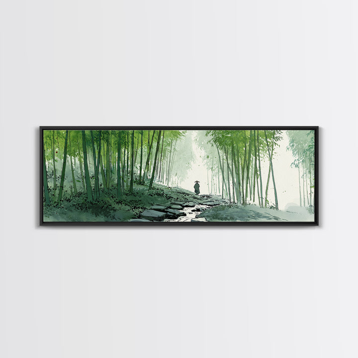 Bamboo Forest Path Canvas Print, Japanese Zen Landscape Wall Art, Green Nature Painting, Japandi Meditation Room Decor Print