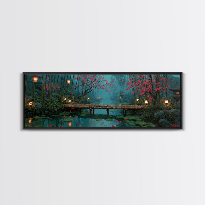 Cherry Blossom Bamboo Pond Wall Art, Japanese Lantern Bridge Canvas, Serene Zen Landscape, Japandi Living Room Decor, Calming Home Decor