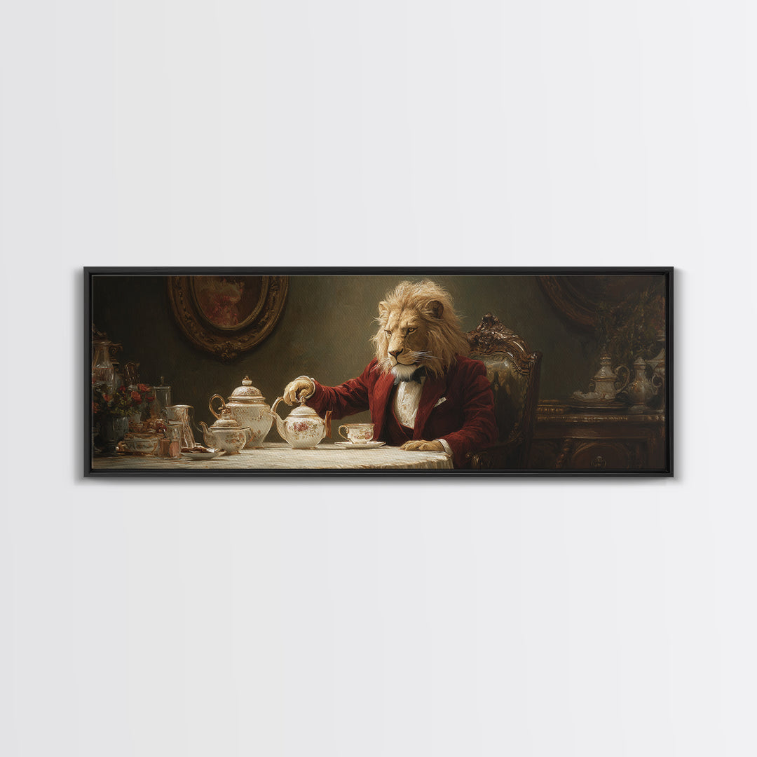 Dapper Lion Pouring Tea Framed Canvas Print, Whimsical Animal Wall Art, Victorian Decor, Dining Room Decor, Funny Gift For Cat Lovers