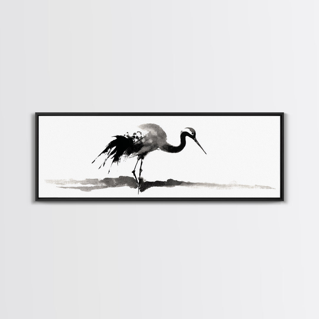 Black Ink Crane Wall Art, Minimalist Bird Painting Canvas Print, Japanese Wall Decor, Zen Home Decor, Black And White Art