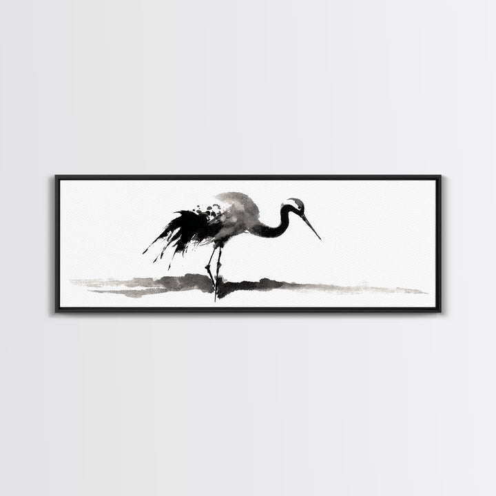 Black Ink Crane Wall Art, Minimalist Bird Painting Canvas Print, Japanese Wall Decor, Zen Home Decor, Black And White Art