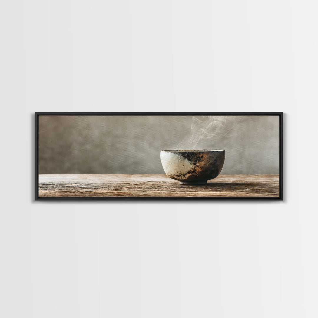 Steaming Wabi Sabi Ceramic Bowl Wall Art, Neutral Kitchen Canvas Print, Japandi Dining Room Decor, Minimalist Zen Fine Art Print