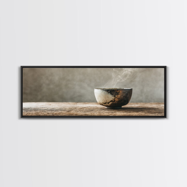 Steaming Wabi Sabi Ceramic Bowl Wall Art, Neutral Kitchen Canvas Print, Japandi Dining Room Decor, Minimalist Zen Fine Art Print