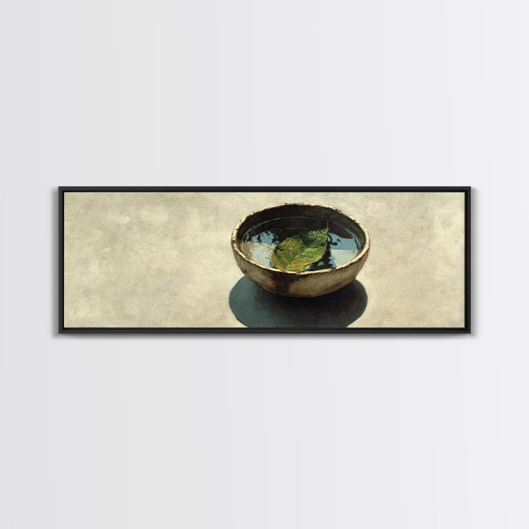 Rustic Bowl With Floating Leaf Canvas Print, Wabi Sabi Wall Art, Minimalist Still Life, Japandi Zen Home Decor, Neutral Kitchen Art Print