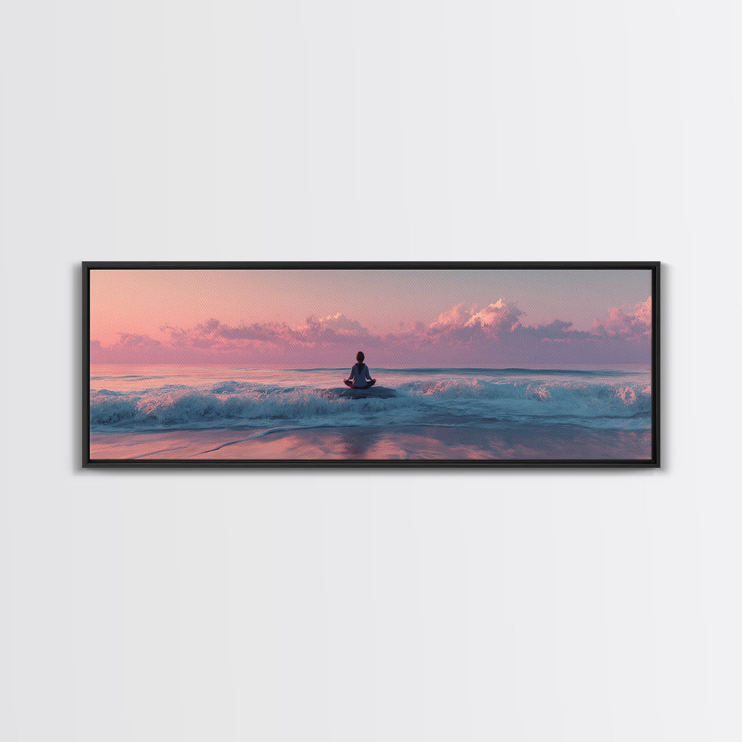 Peaceful Ocean Meditation Canvas Print, Pink Sunset Beach Wall Art, Coastal Yoga Decor, Seascape Art, Calming Bedroom Decor