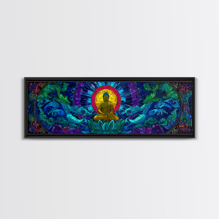 Stained Glass Buddha Ocean Wave Wall Art, Lotus Meditation Canvas Print, Colorful Zen Spiritual Yoga Room Home Decor Gift