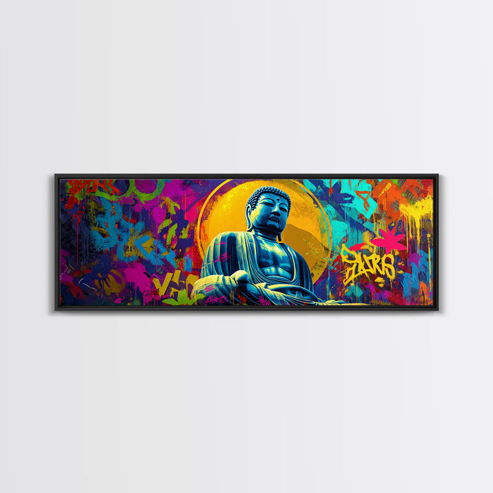 Colorful Graffiti Buddha Wall Art, Pop Art Meditation Decor, Vibrant Urban Street Art, Spiritual Yoga Room Framed Canvas Print