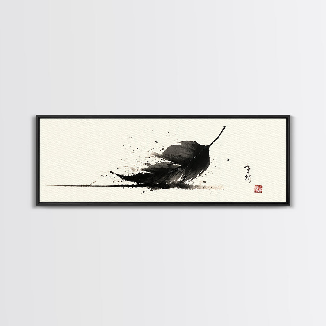 Black Ink Feather Japanese Sumi Wall Art, Minimalist Black And White Art Print, Zen Nature Decor For Office Or Bedroom Wall Decor