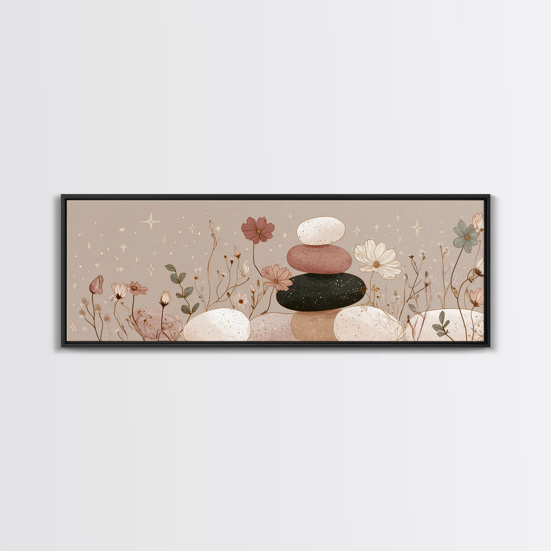Stacked Zen Stones And Wildflowers Wall Art, Neutral Spa Canvas Print, Mindfulness Decor, Calming Boho Bathroom Art Gift