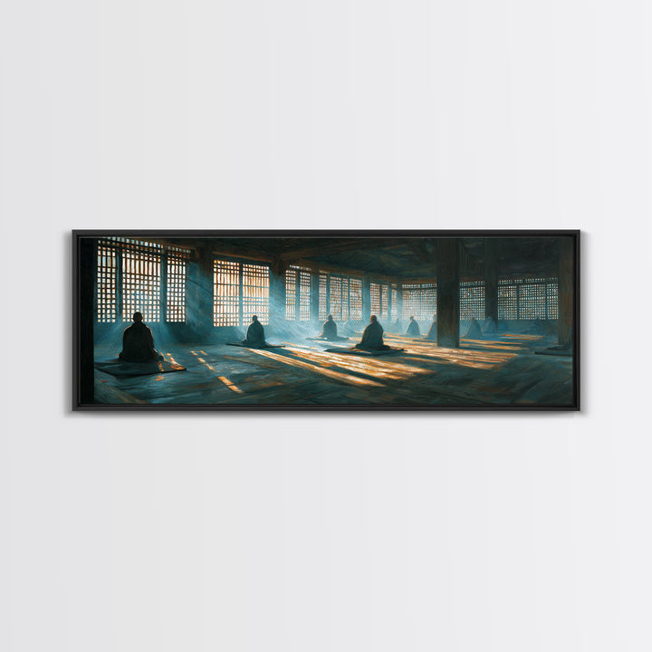 Meditation Hall With Monks And Sunbeams Wall Art, Zen Framed Canvas Print, Spiritual Decor, Yoga Studio, Prayer Room Art